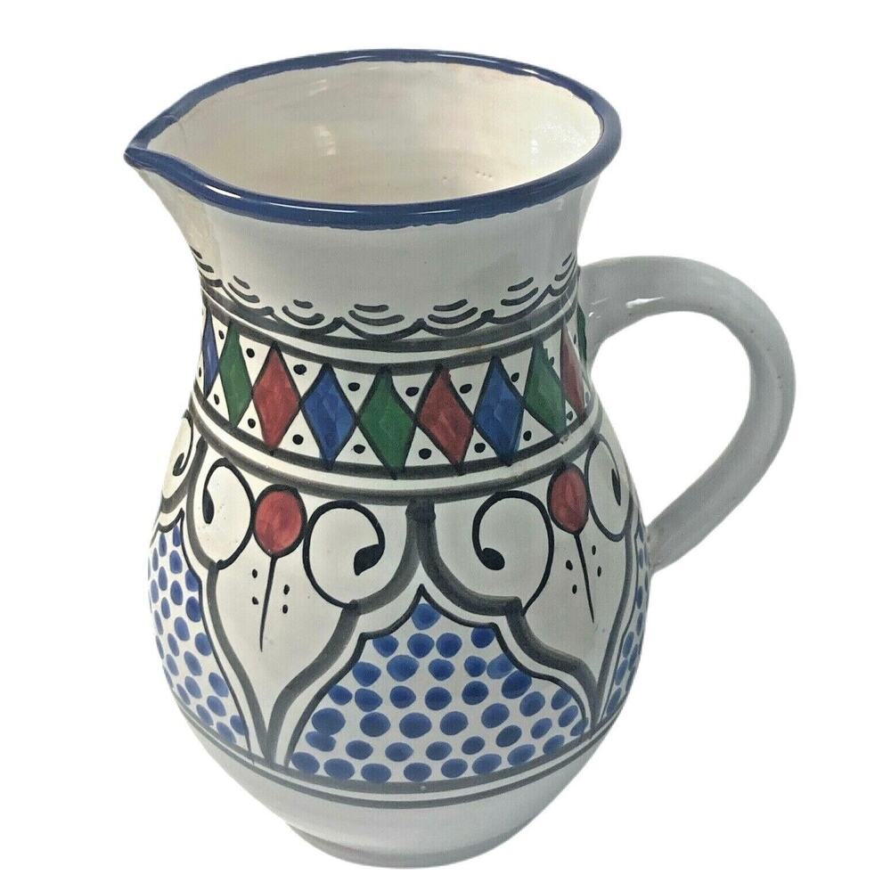 Art Pottery Pitcher Bachmara Tunisia Quart Hand Thrown Painted Signed